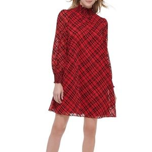 Tommy Hilfiger Red Plaid Chiffon Long Sleeve Shift Dress Size 14